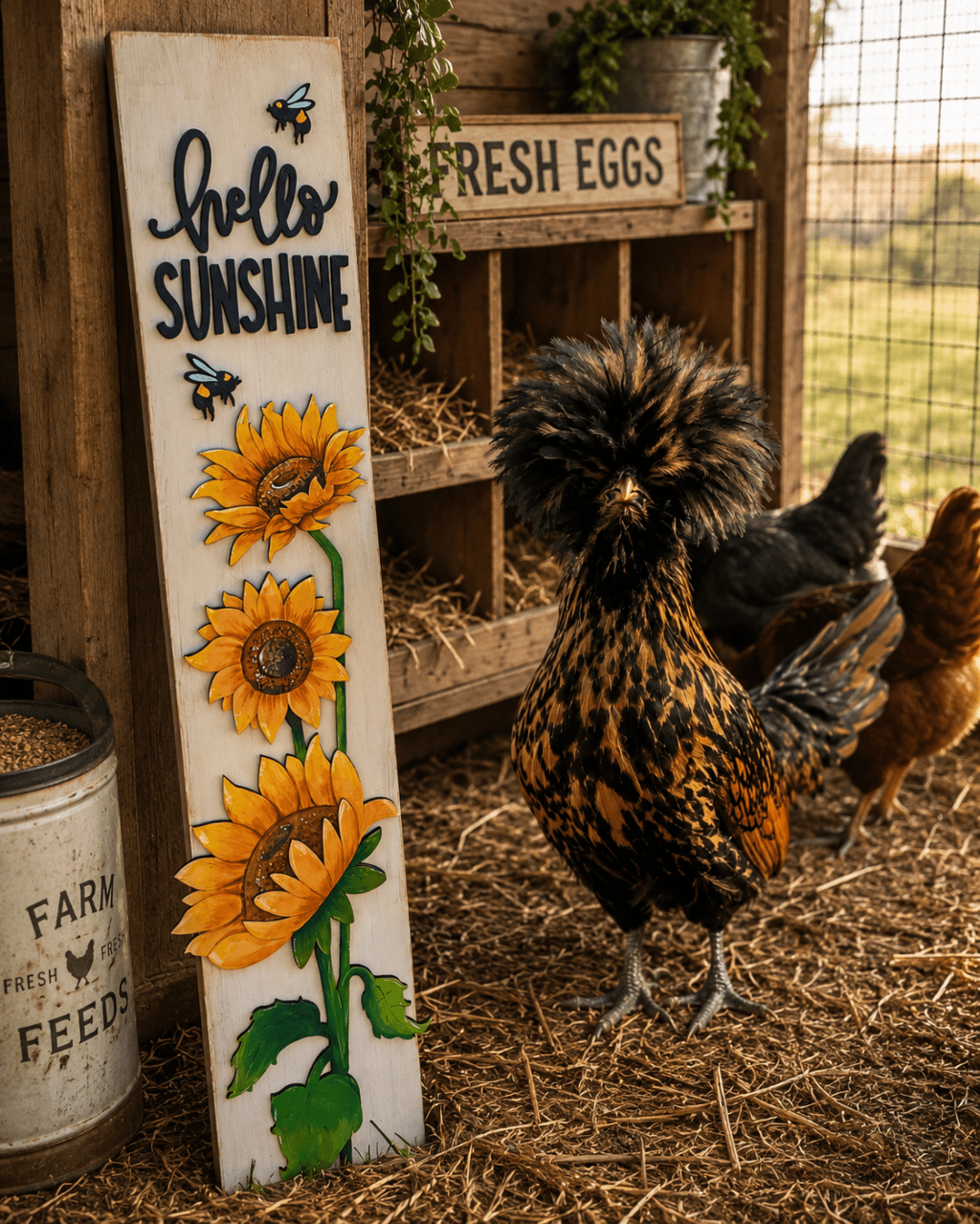 Hello sunshine porch leaner in a chicken coop