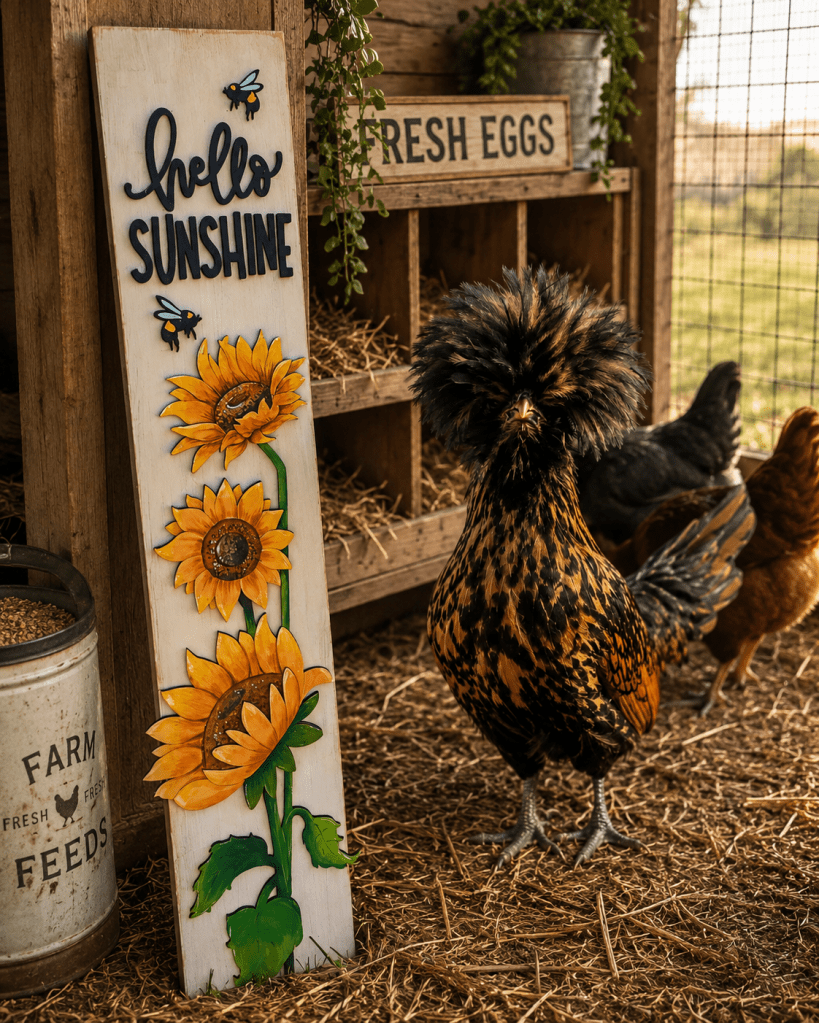 Hello sunshine porch leaner in a chicken coop