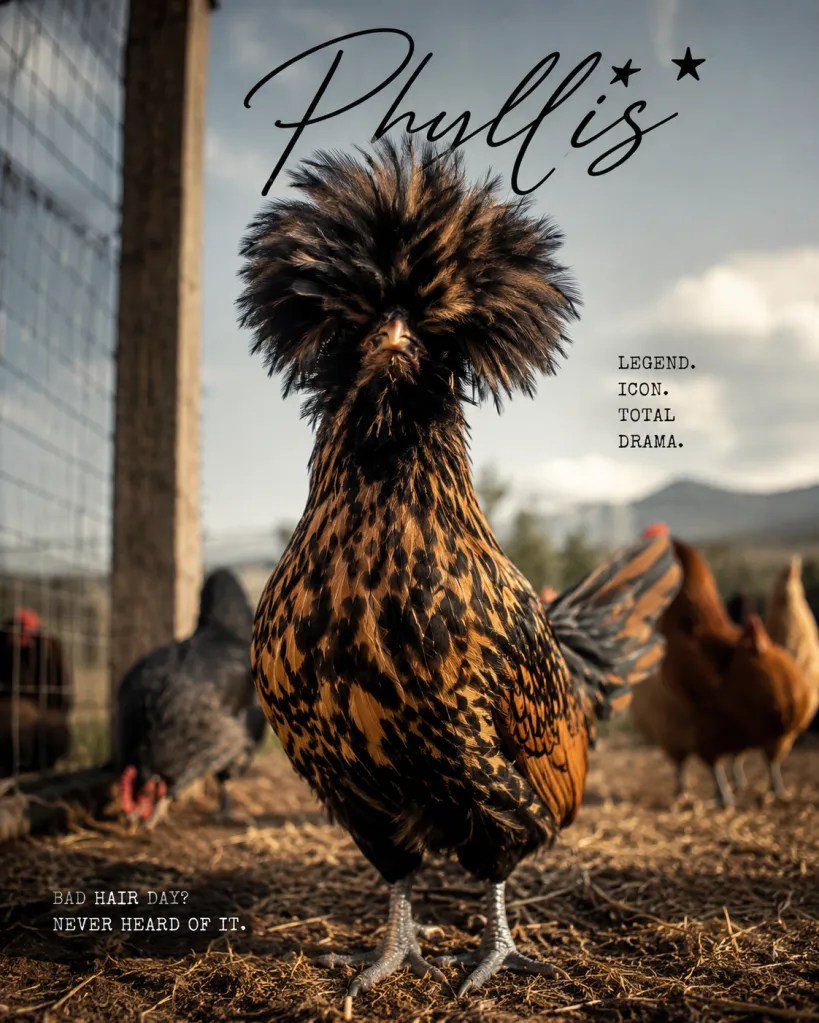 Phyllis, a Polish hen with a dramatic black-and-gold feathered crest, standing in the barnyard