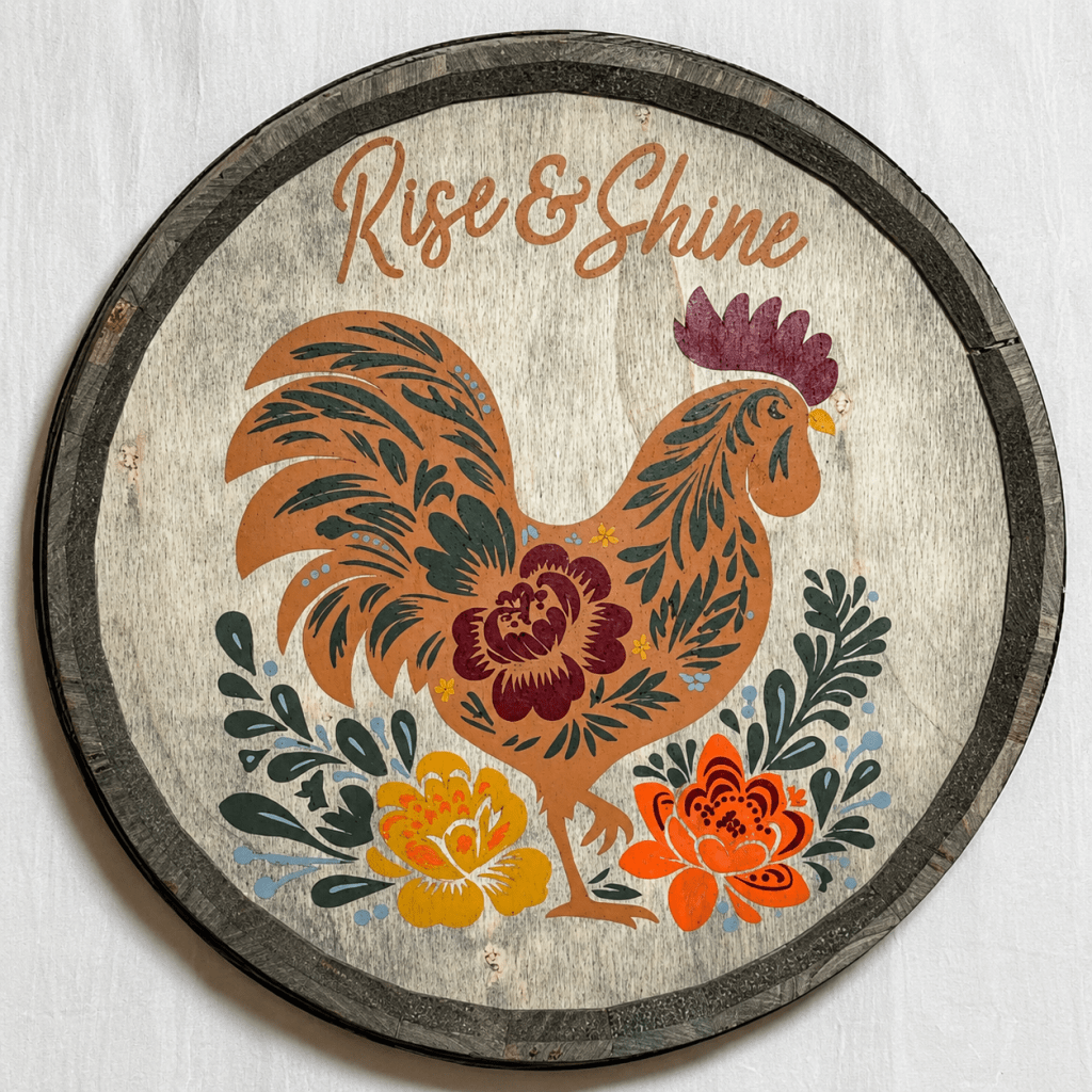 Finished Rise and Shine folk-art rooster sign on a round barrel-head board