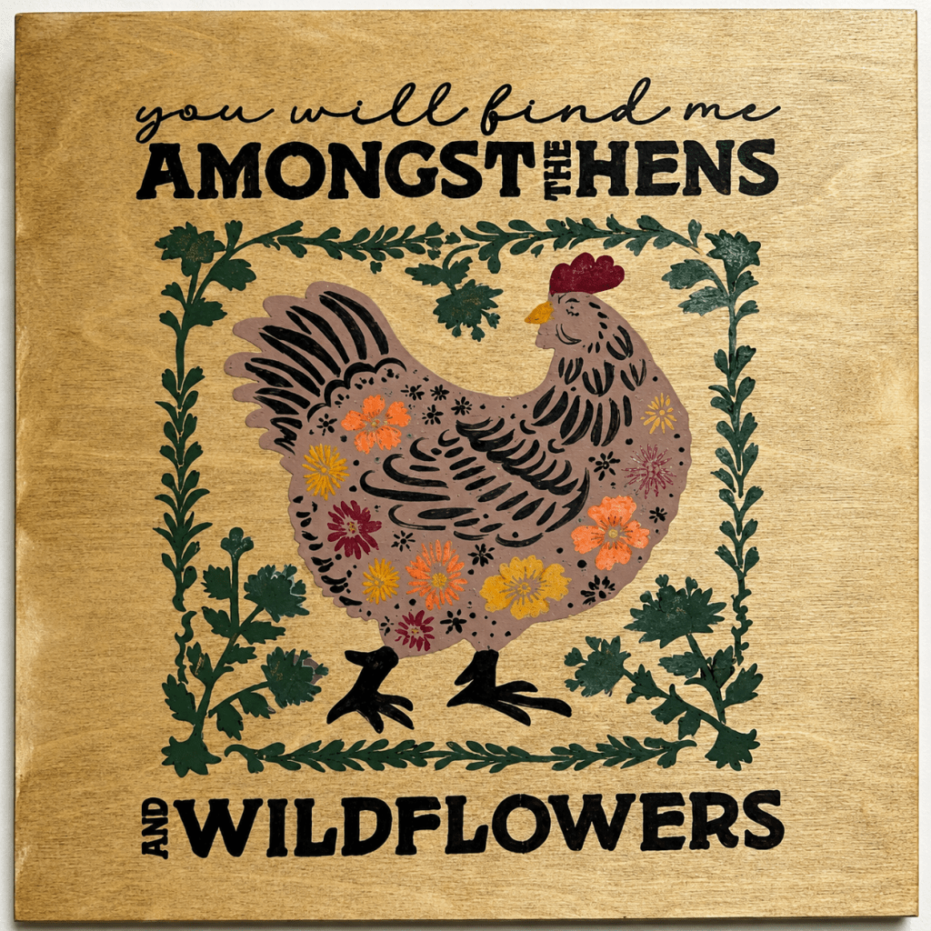 Finished folk-art hen sign reading "you will find me amongst the hens and wildflowers"