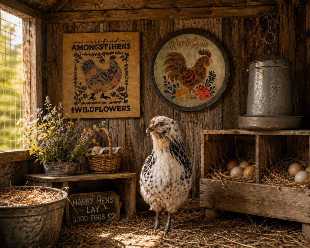 Two hand-painted folk-art chicken signs — a "Rise & Shine" rooster and an "amongst the hens and wildflowers" hen — hung side by side on a rustic hen house wall, with a speckled hen, nesting boxes of eggs, and wildflowers