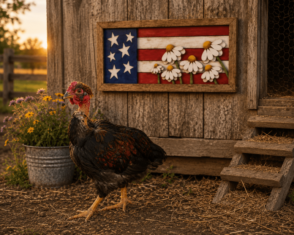 laser cut wood usa flag with daisy flowers