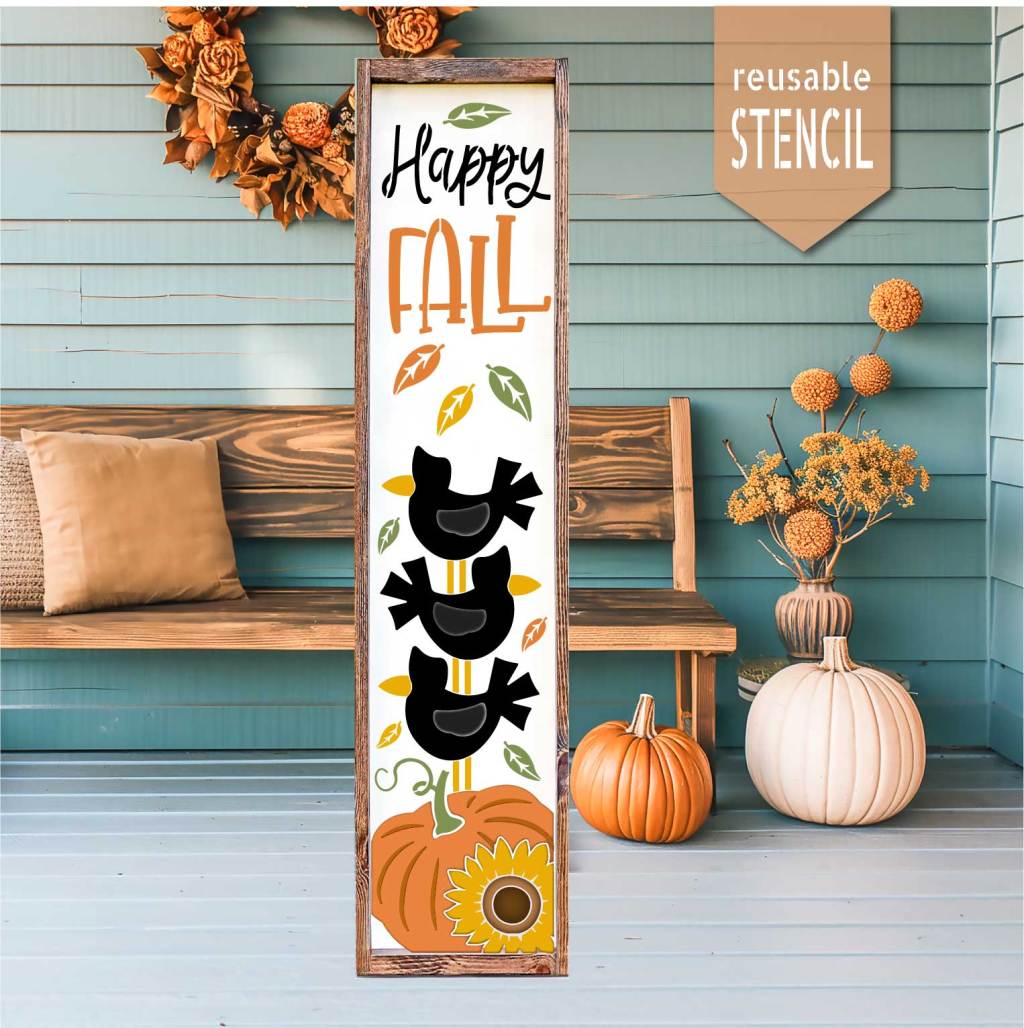 Happy Fall porch leaner featuring crows and a pumpkin
