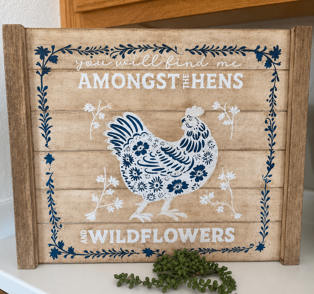Rosa Picon's finished Find Me Amongst the Hens sign on display WalllCutz Sencil