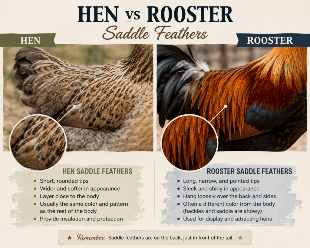 saddle feathers on a rooster and saddle feathers on a hen.