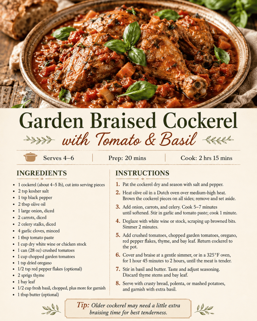 Garden Braised Cockerel with tomato & Basil recipe