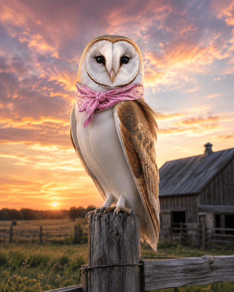 Kara, a barn owl in a pink bandana, perched on a fence post at sunset in front of a weathered barn
